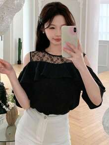 DAZY Contrast Mesh Short Sleeve Round Neck Ruffle Trim Women's Blouse - Black - View 6