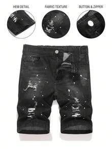 Tween Boy Fashion Casual Grunge Black Dotted Hole Elastic Tight Denim Shorts For Rave Back-To-School Summer - Black - View 1