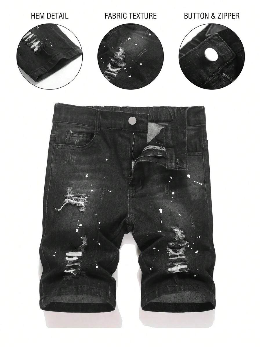 Tween Boy Fashion Casual Grunge Black Dotted Hole Elastic Tight Denim Shorts For Rave Back-To-School Summer - Black - View 1