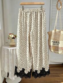 Seusyu Minimalist Elegant Polka Dot Print Ruffle Trim Straight Leg Regular Pants Plus Size Autumn Brunch Formal Dinner Black White - Multicolor - View 2