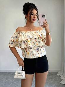 Elenzga Women's Floral Ruffle Off-Shoulder Fashion Blouse - Apricot - View 1