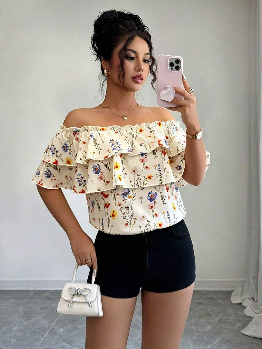 Elenzga Women's Floral Ruffle Off-Shoulder Fashion Blouse - Apricot - View 1