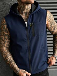 Manfinity Homme Men's Casual Solid Color Zip-Up Hooded Vest For Summer - Blue - View 3