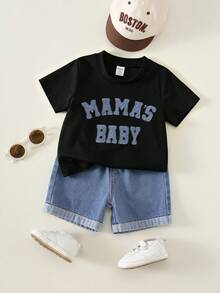 SHEIN Unisex Baby Boy/Girl Baby Boy 2pcs Spring/Summer Casual Cute Denim Patchwork Embroidered Short Sleeve T-Shirt And Denim Shorts Set - Black - View 8