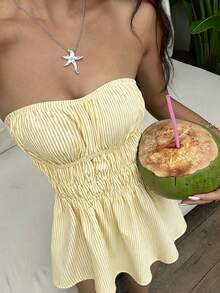 Sunnyshic Vestido mini de algodón con rayas azules, escote bandeau, espalda descubierta, cintura fruncida y corte A para mujer, primavera/verano, paseo por la playa en vacaciones, elegante, lindo, romántico, minimalista para ir al trabajo, compras, citas y uso diario versátil - Amarillo - Ver 6