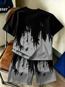 Tween Boys Digital Gradient English Graphic Short Sleeve Shirt & Shorts Set, Spring/Summer Casual Comfortable Fashion Style, Suitable For Outings - Multicolor - View 4