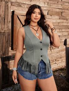 Ceyna Débardeur sans manches col V décontracté élégant minimaliste style pastoral américain avec franges pour festival de musique, kaki marron, grande taille pour femmes - Gris - Voir 3