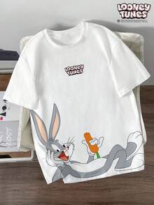LOONEY TUNES X SHEIN Daypath 男士圆领卡通字母印花休闲百搭日常短袖T恤 - 白色 - 查看 1