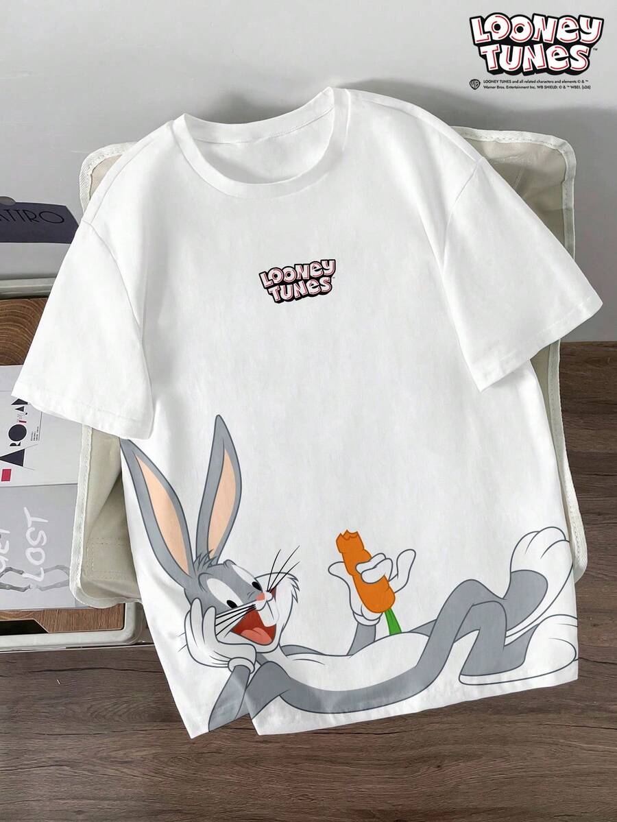 LOONEY TUNES X SHEIN Daypath 男士圆领卡通字母印花休闲百搭日常短袖T恤 - 白色 - 查看 1