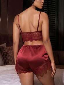 Silforma Contrast Lace Bow Detail Cami PJ Set / Pajama Set - Burgundy - View 2