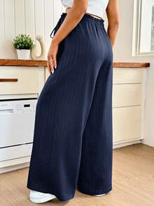 SHEIN Maternity Casual Textured Adjustable Waist Drawstring Long Pants - Navy Blue - View 2