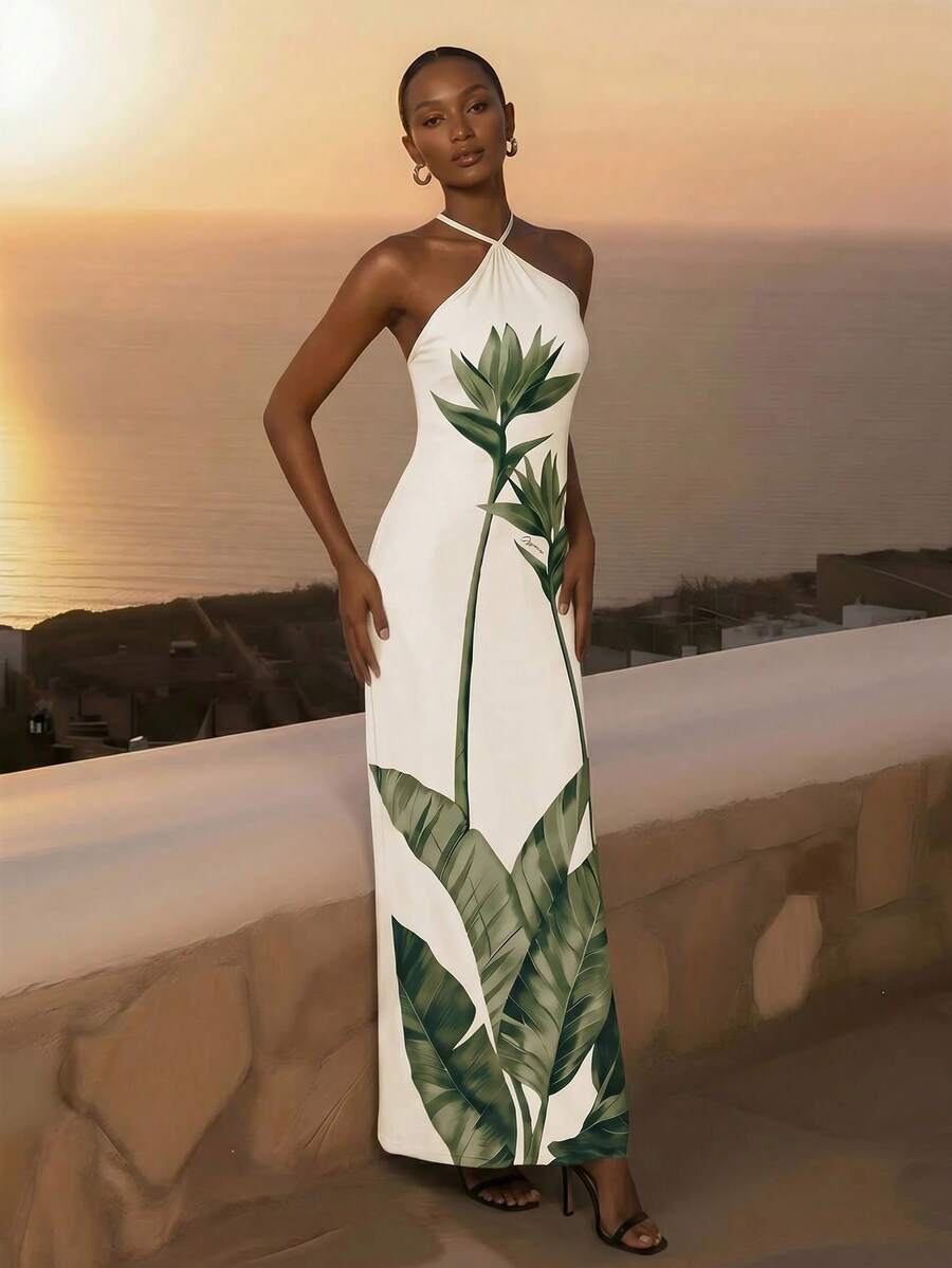 CAJUNI Women's Floral Print Halter Neck Casual Party Travel Long Dress - White - View 1