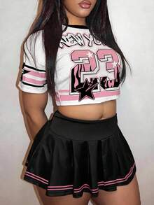 Slaydiva Summer Casual 90s Plus-Size Women's Pink Short-Sleeved T-Shirt High Waist Mini Pleated Skirt Set School Back-To-School Y2K Outfit Graduation All White - Multicolor - View 3