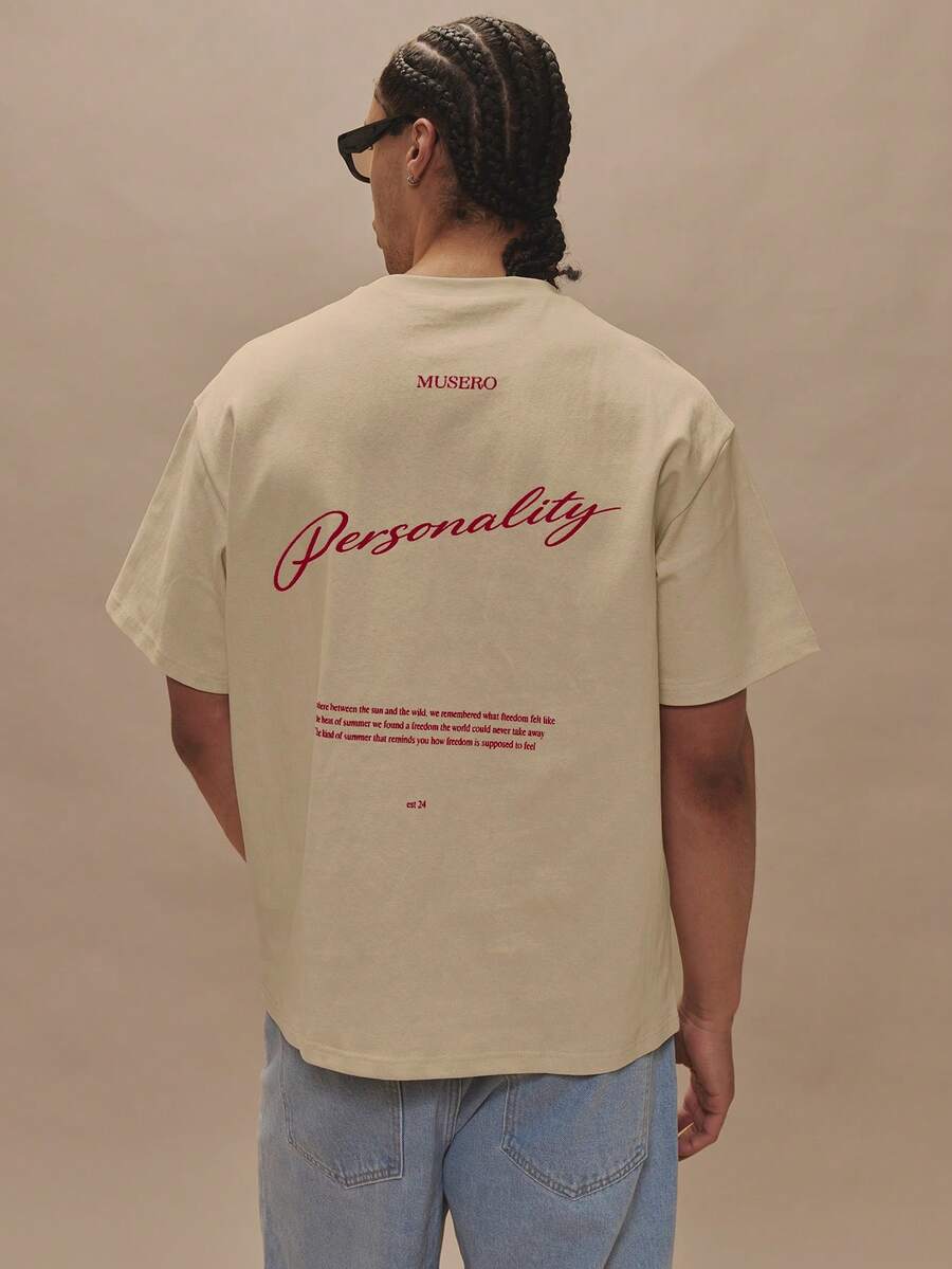 Musero SHORT SLEEVE OVERSIZED GRAPHIC TSHIRT - "Personalized" - Beige - View 1