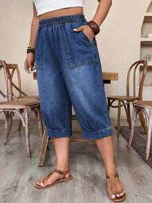 SHEIN CURVE+ Plus Size Women's Pocket Elastic Waist Casual Versatile Daily Travel Denim Jeans Date Night Mana Concert Navy Blue Summer - Dark Wash - View 3