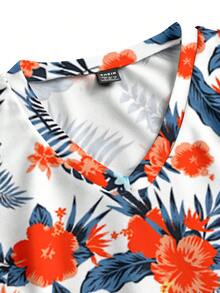 PopScrub Women's Vacation Palm Leaf Floral Hibiscus Pattern Scrub Uniform Top - Multicolor - View 6