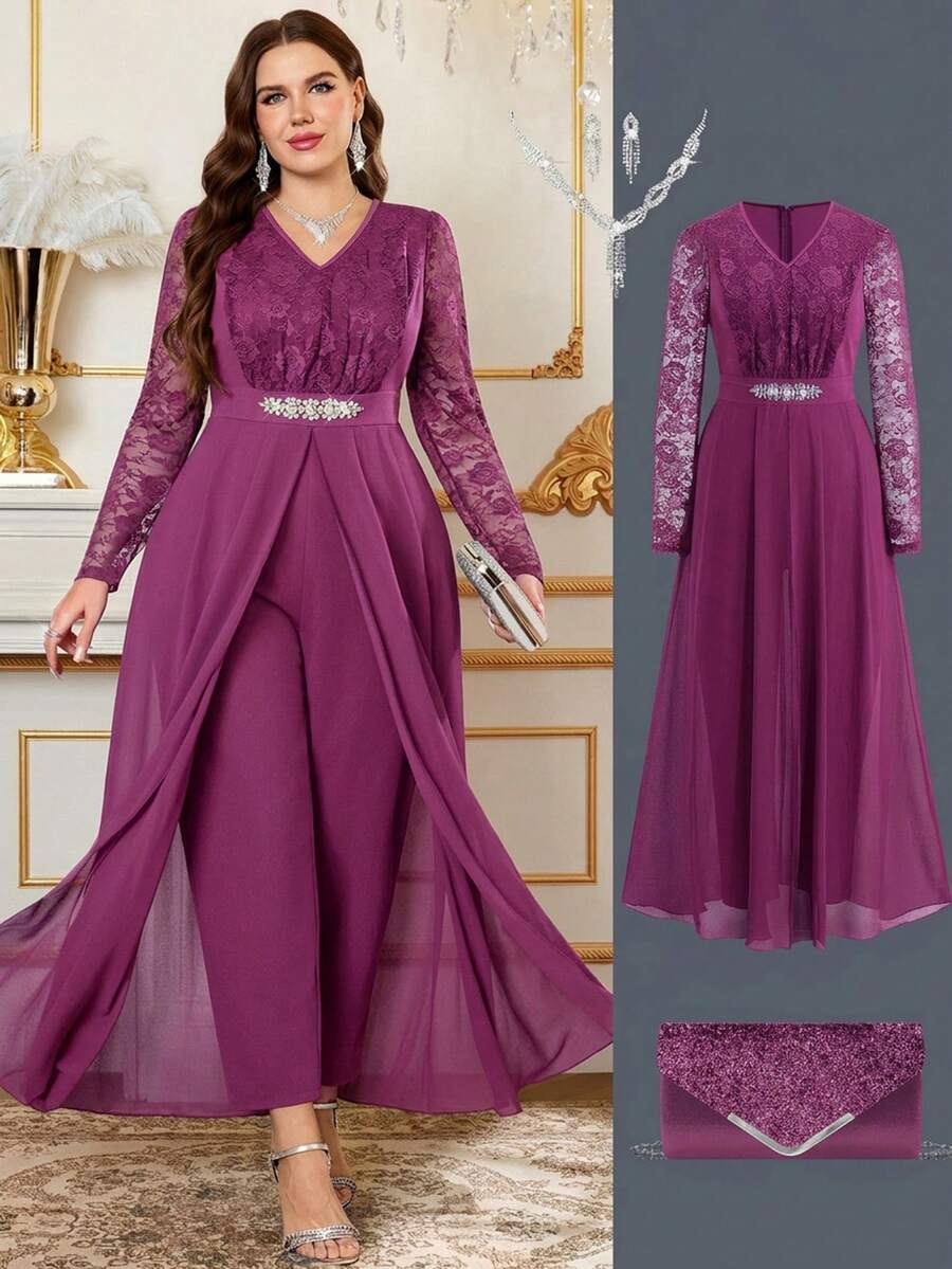 SHEIN Clasi 大尺碼優雅派對蕾絲拼接連身褲 - 玫紅色 - 查看 1