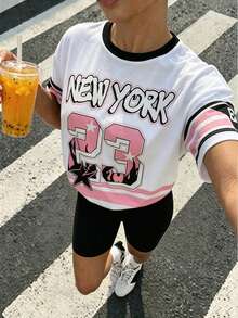 2件組青少年女孩休閒街頭風字母印花短袖上衣 & 單車短褲套裝，粉色與黑色拼接，活力風格，適合跑步、跳躍、日常出遊與運動 - 彩色 - 查看 3