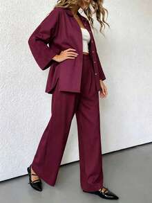 Breezaya Plus Size 2pcs/Set Women's Blended Side Slit Loose Shirt And High Waist Wide Leg Pants Elegant Business Casual Women's Clothing, Women's Fashion Two Pieces Set - Burgundy - View 3