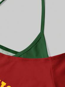 Attitoon 女款 2 合 1 掛脖綁帶 T-shirt，修身短版葡萄牙國家足球隊球衣上衣，紅綠對比色領口與下擺設計，2026 世界盃運動時尚賽事足球街頭風球衣 - 彩色 - 查看 7