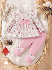 SHEIN Newborn Spring/Autumn Pink Soft Style Heart All-Over Print Pink Bow Knot Embellished Knit Pullover Top With Matching Pink Bow Knot Embellished Long Pants Slim Fit 2-Piece Set Suitable For Outings, Casual, Sports, Christmas, Parties - Baby Pink - View 3