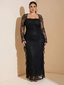 SHEIN BAE CURVE Plus Size Women's Contrast Lace Ruffle Elegant Dress Fall - Black - View 5