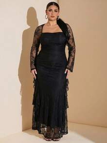 SHEIN BAE CURVE Plus Size Women's Contrast Lace Ruffle Elegant Dress Fall - Black - View 8