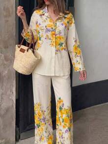 Modelyn 女款春夏編織數位印花長袖鉚釘鈕扣立領通勤休閒上衣與直筒長褲2件套 - 彩色 - 查看 6