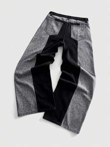ROMWE MEN Street Life Men's Leopard Print Colorblock Patch Pocket Button Denim Long Pants - Multicolor - View 2