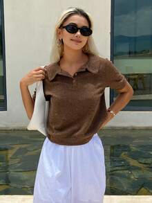Livesso Women's Spring/Summer Brown Knit Loose Casual Polo Shirt With Collar And Short Sleeves - Khaki - View 6