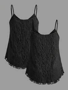 SHEIN EZwear 大尺碼女款提花休閒日常細肩帶背心上衣 2件組 - 黑色 - 查看 2