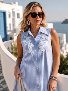 Ceyna Plus Size Women's Summer Shirt Collar Single Breasted Front Patchwork Floral Sleeveless Blue And White Striped A-Line Casual Dress Vacation Beach - Blue - View 8