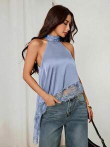 SHEIN PETITE 不對稱高領掛脖上衣 蕾絲飾邊 晚宴派對款 - 淺藍色 - 查看 8