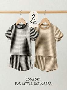 SHEIN Playful Pals 2 Sets Toddler Boys Black Khaki Horizontal Striped Textured Knit T-Shirt & Shorts Pants Outfits,Black And White Checkered,Summer,Casual,Work Clothing - Multicolor - View 8