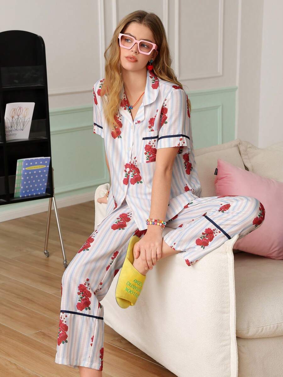 Chillnights Casual Home & Outdoor Wear, Vacation Striped Floral Print, Contrast Piping Lapel Short Sleeve Women's Pajama Long Pants Set - Multicolor - View 1