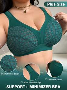 DesireSculpt Plus Size Lace Patchwork Wireless Bra, 1pc - Dark Green - View 5
