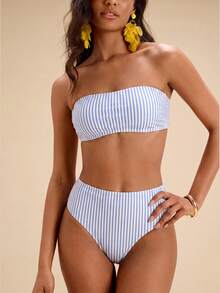 Travachic Women's Vintage Striped Print Pattern Swimsuit Set, Suitable For Outings, Beach Vacation, Chic, Cruise Party, Holiday - Multicolor - View 7