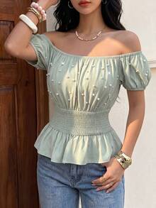 Modelyn Off-Shoulder Short Sleeve Cinched Waist Slim Fit Blouse, Spring/Summer Date Brunch Daytime Tea Party Golf Sage Green Elegant Romantic Sexy - Green - View 10