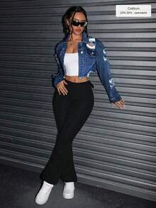 SHEIN Unity Ripped & Washed Denim Jacket, Fashionable For Summer - Dark Wash - View 6