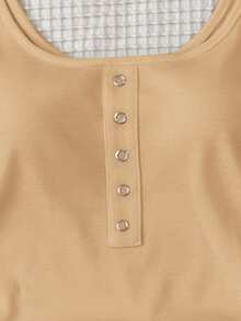 SHEIN Teen Girls Basic White Dotted Ribbed White, Metal Button Tank Top Casual All-Match White Tank Top With Deep U-Neck And Racerback - Khaki - View 5
