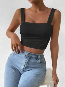 Allurite Solid Color Square Neck Slim Fit Pleated Tank Top - Black - View 4