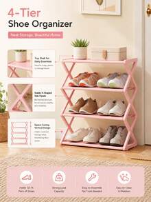 1pc 4-Tier Large Z-Shaped Shoe Rack, No Tools Easy Assembly, Pink Plastic Stackable Storage Organizer, Space-Saving Floor Shoe Shelf For Home, Dorm & Living Room - Multicolor - View 3
