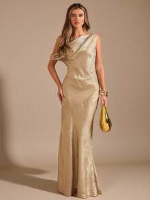 SHEIN BAE Autumn Solid Gold Textured Asymmetrical Shoulder Elegant Mermaid Maxi Dress,Women's Dining Evening Gown For Party,Cocktail&Formal Occasions - Gold - View 7