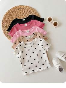 Juego de 5 piezas de camisetas casuales de punto con patrón de corazón de unicolor para niñas bebé (múltiples piezas) - Rosa - Ver 4