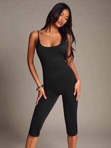 SHEIN BAE Women's Sexy Basic Tight Elegant Minimalist Spaghetti Strap Jumpsuit, Capri Pants, Leggings, Black, Night Out Going Out Summer - Black - View 5