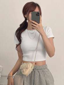 DAZY 女款素色修身百搭日常休閒短袖上衣 - 白色 - 查看 4