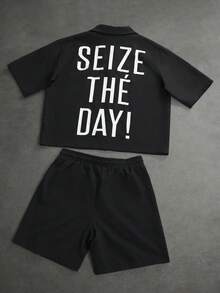 SLATEMANN Men's Letter Print Button-Up Short Sleeve Shirt And Drawstring Waist Shorts Set - Black - View 2