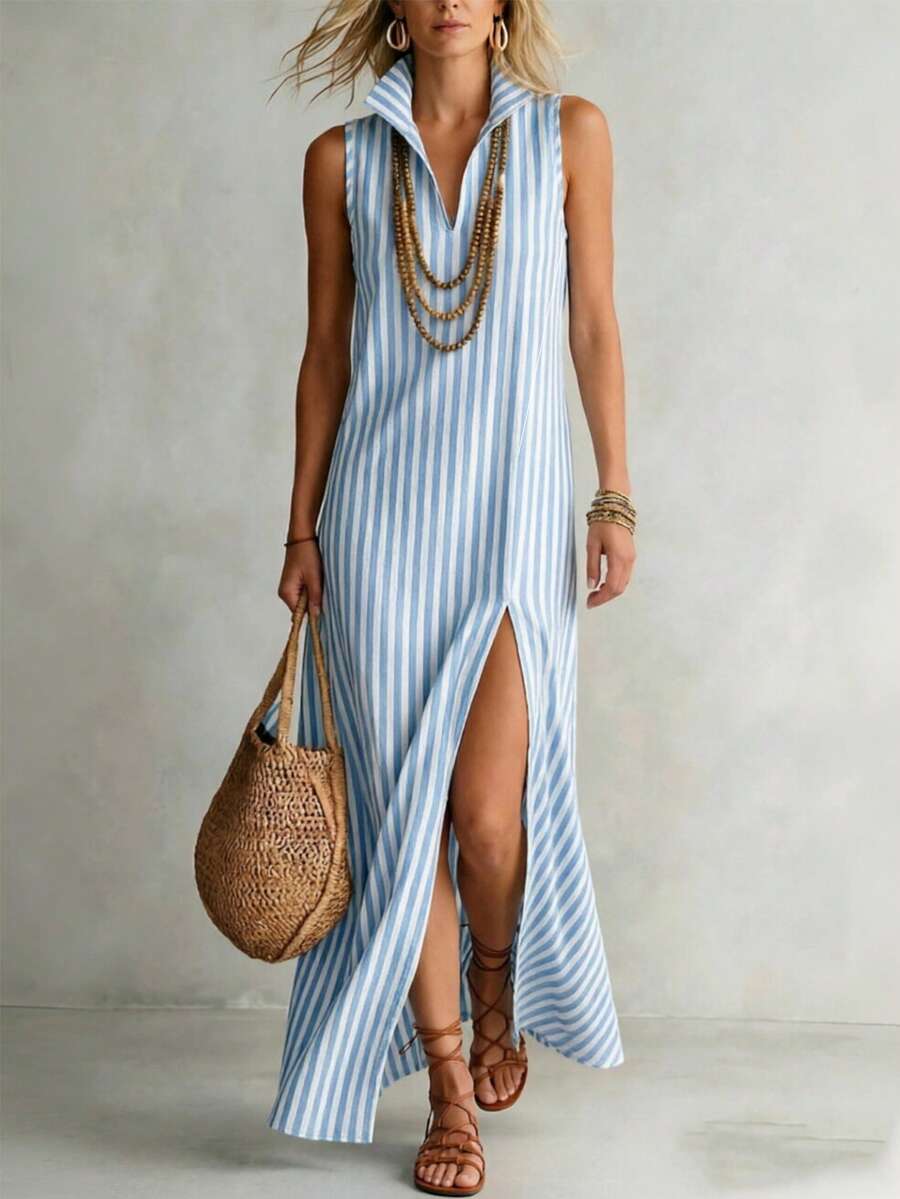 Everyssa Women's V-Neck Blue And White Striped Sleeveless Long Dress With Side Slit Hem - Blue and White - View 1