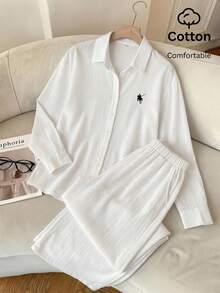 SHEIN EZwear 100%纯棉女士杏色梭织刺绣骑士长袖衬衫和裤子休闲套装，适合日常街头穿着、夏季上衣、通勤、约会、聚会、秋冬夏三季、圣诞节、新年、感恩节、派对、婚礼、海滩、毕业典礼、时尚、优雅、休闲、外出、约会、预订、通勤、闪亮、情人节、优雅、度假、休闲、Y2K、外出、毕业典礼等场合。 - 白色 - 查看 3