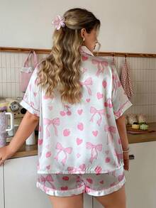 Slumberry CURVE Plus Size Sweet Cute Ins Strawberry Bow Fruit Print Lapel Button-Up Satin Pajama Short Sleeve Shorts Set - Multicolor - View 2